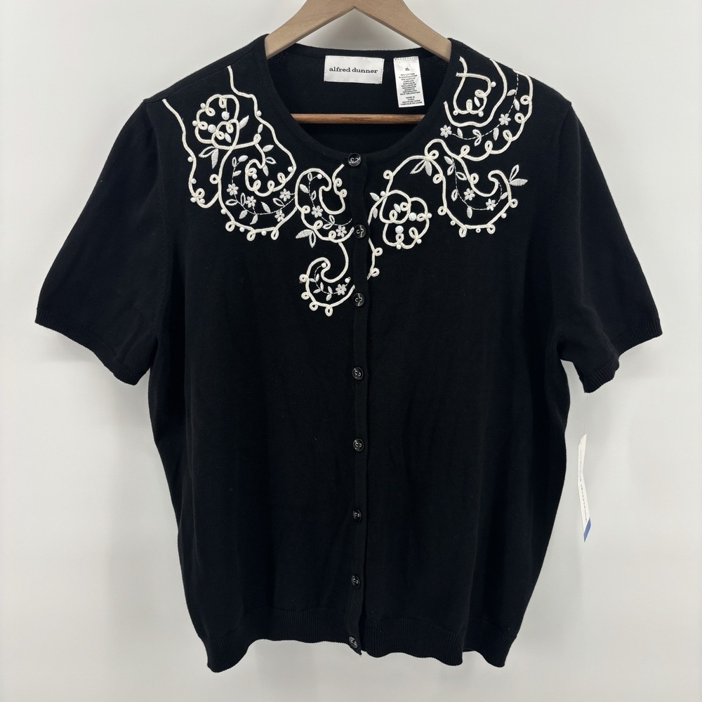 Alfred Dunner Short Sleeve Cardigan Sweater Women's XL Black Beaded Detail NWT